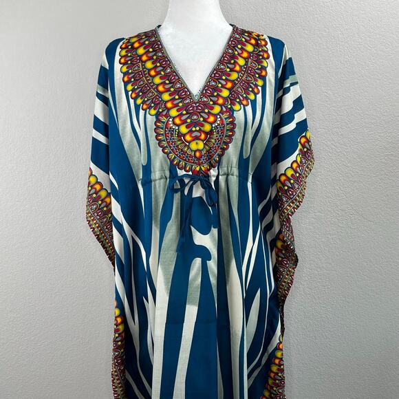 Shoreline Wear Blue Multi Abstract Animal Stripe Cinched Kaftan Midi Dress OS - Picture 6 of 16